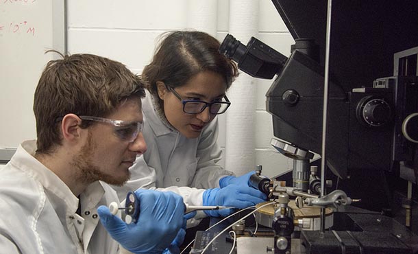 Adam Bolotsky, Ph.D. student in materials science and engineering, and Aida Ebrahimi, assistant professor of electrical engineering, work together in Ebrahimi's lab.