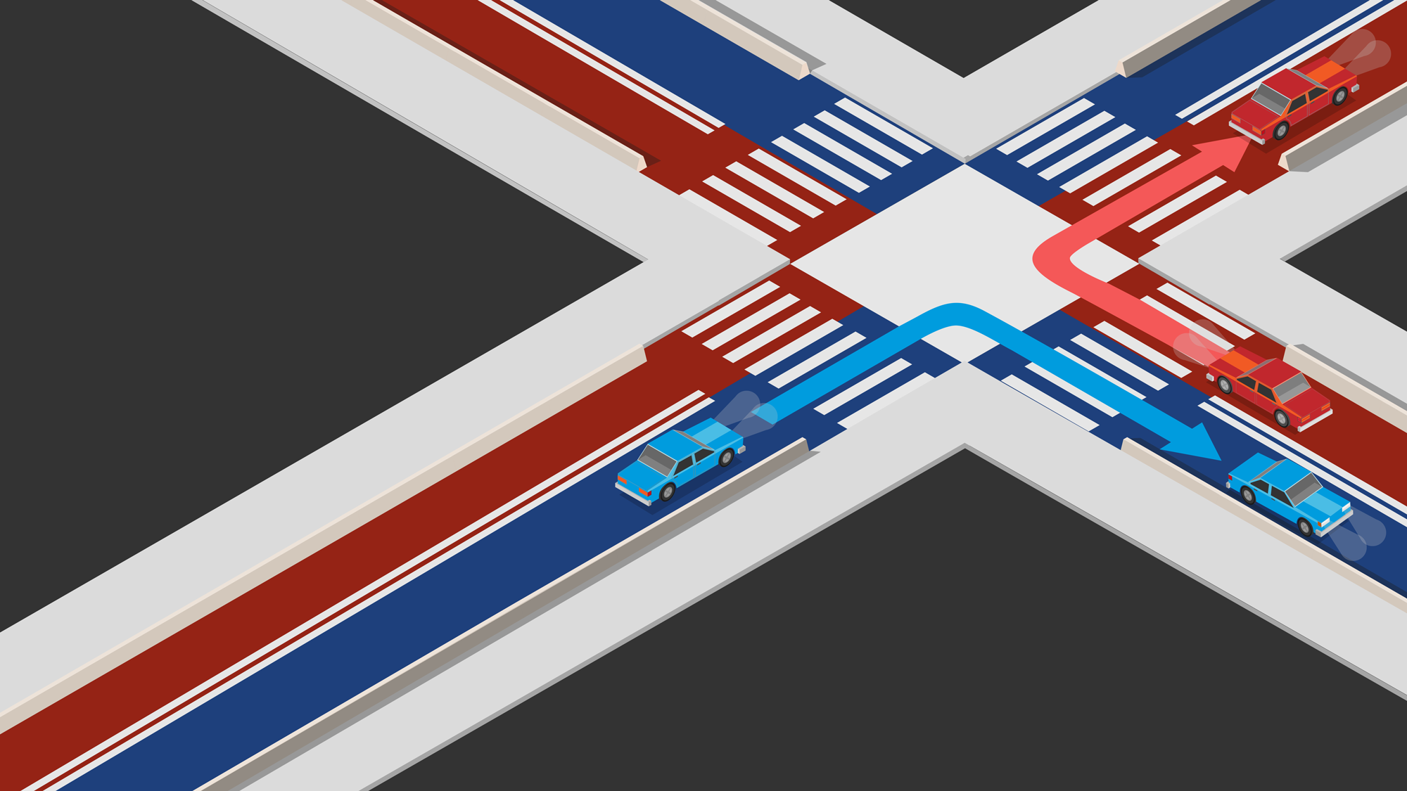 red and blue roads with matching red and blue cars indicate paths of electrons