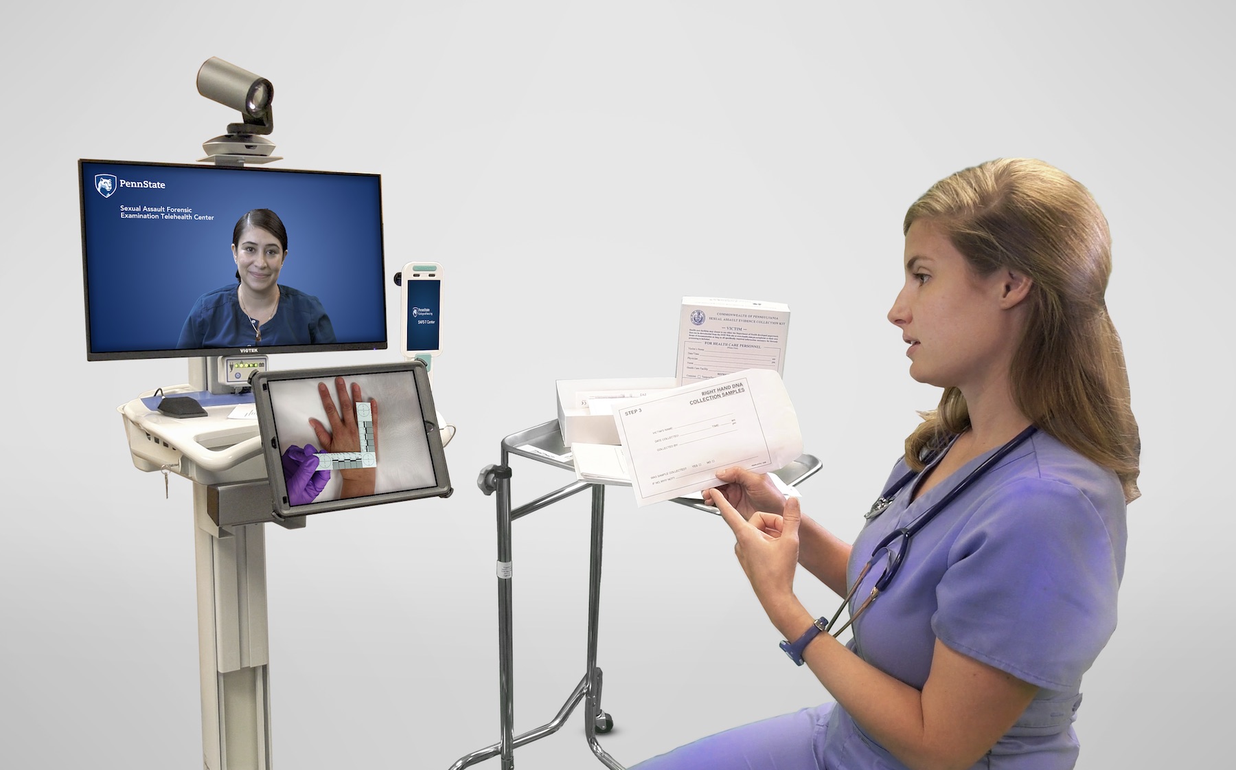 A sexual assault nurse examiner assisting another nurse via digital telehealth technology.