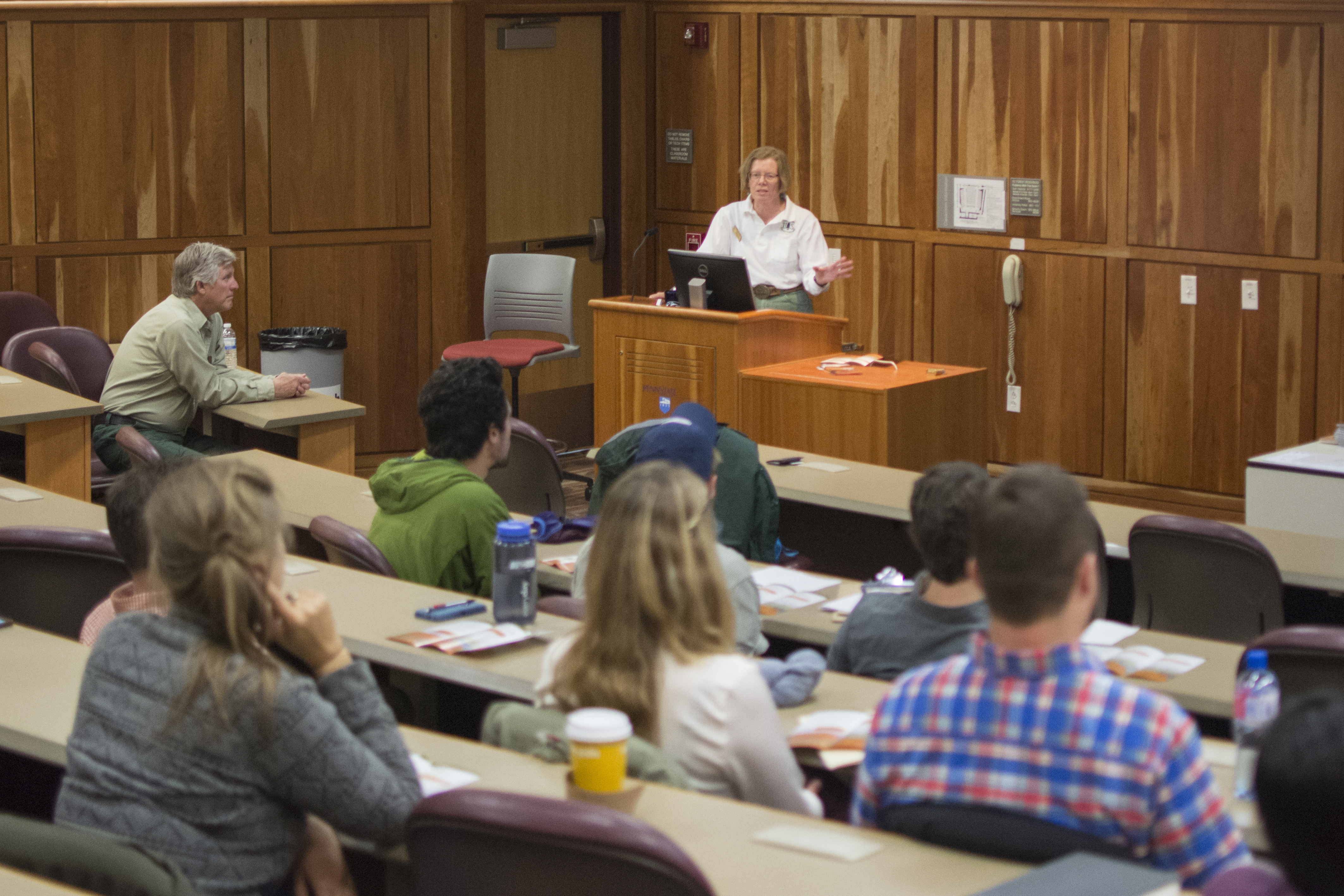 Susan Spear talking to students