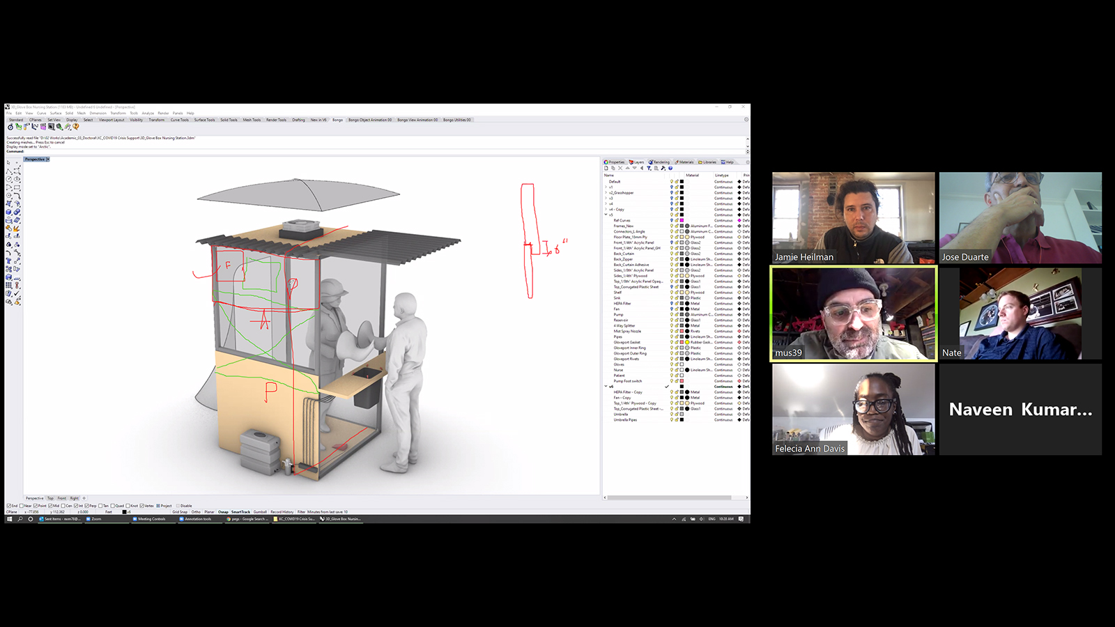 A split screen image of a CAD drawing of the booth on the left and the Zoom screen of collaborators on the right.