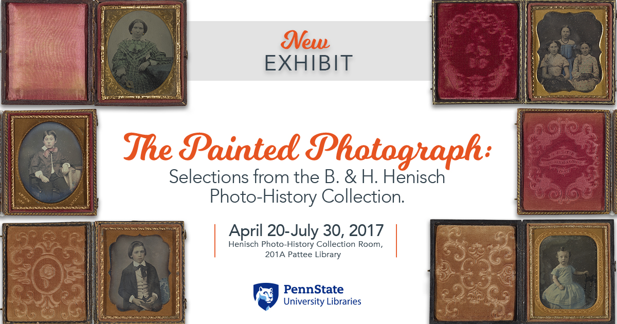 illustration with exhibit title and images of painted photographs from the 19th and early 20th centuries