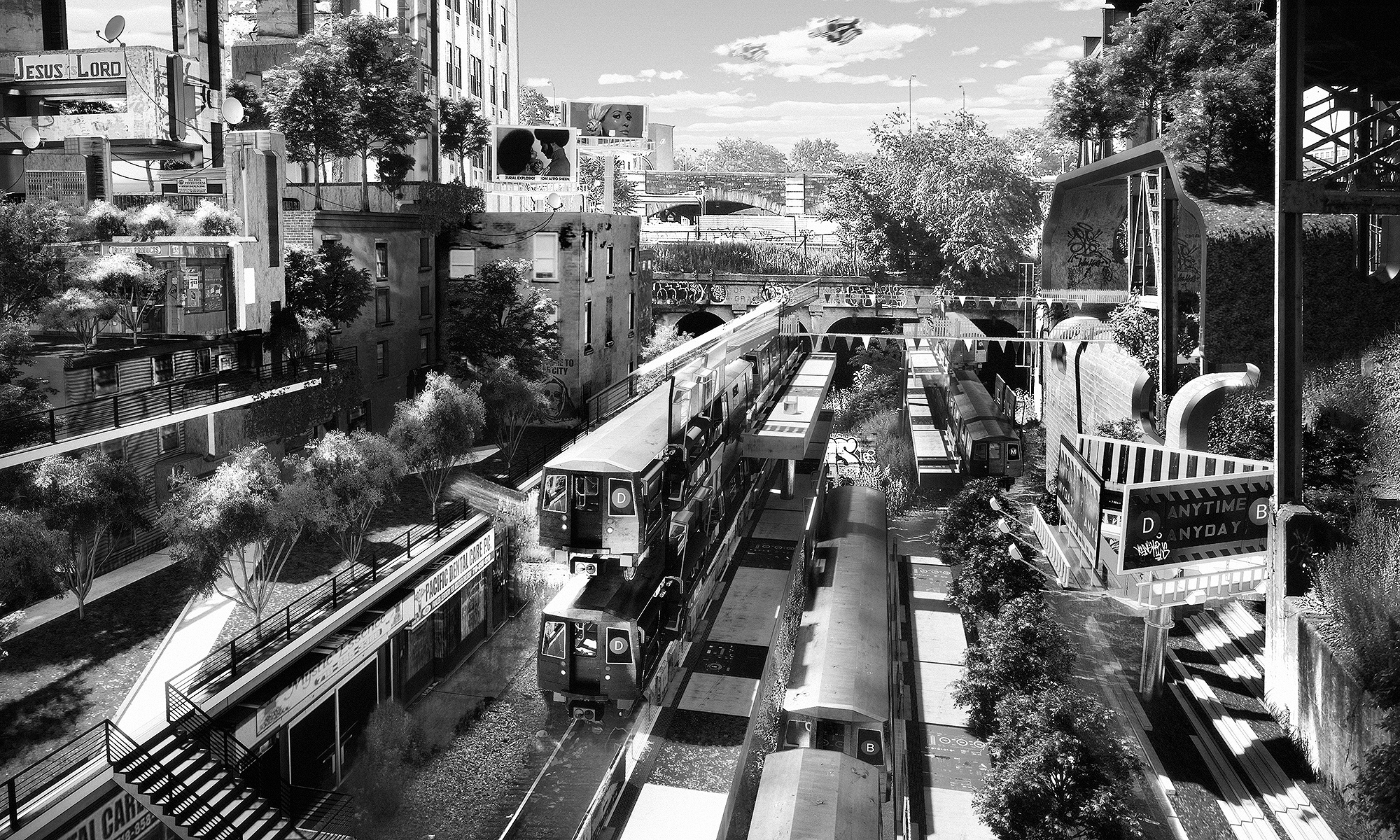 A black and white image of a historically Black neighborhood by artist Olalekan Jeyifous