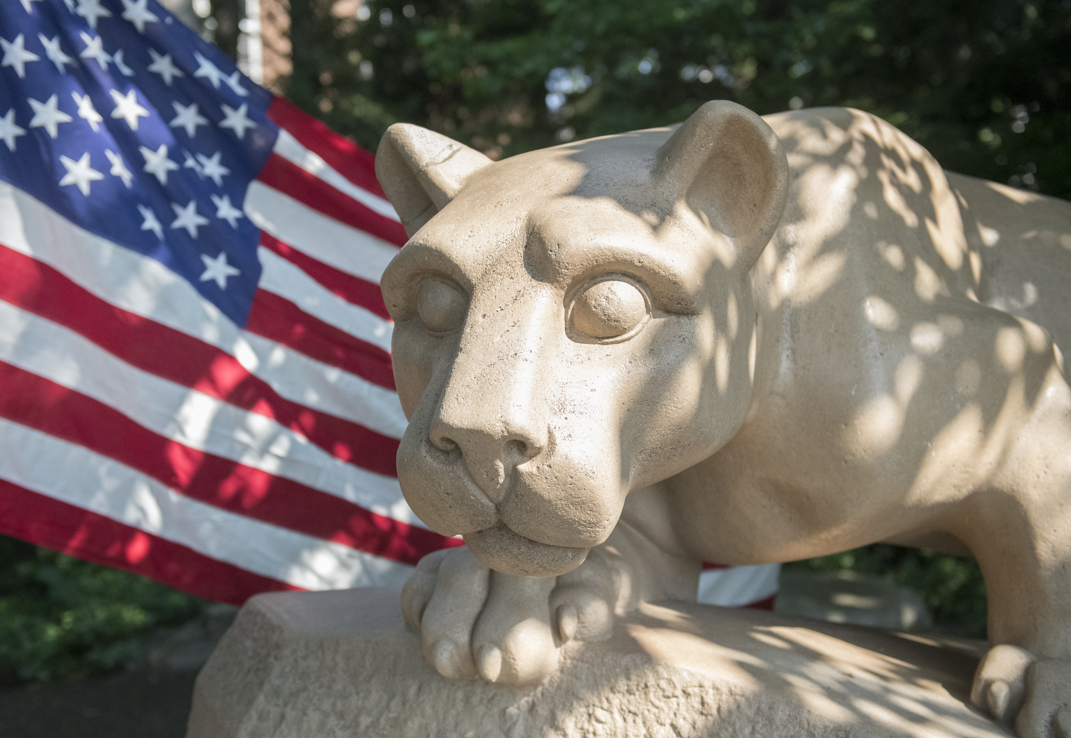 Lion shrine with an American flag waving behind it