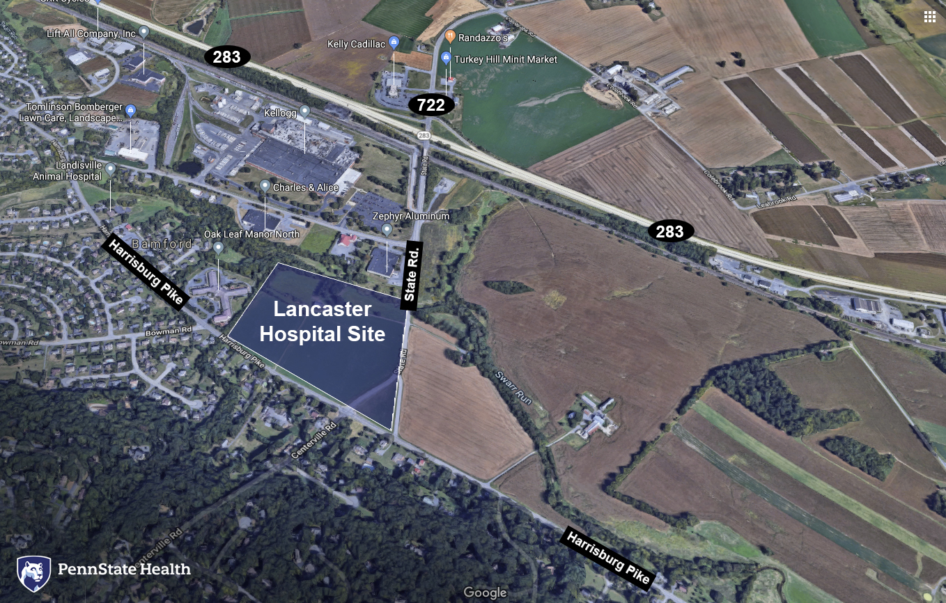 A map showing where the new Penn State Health hospital will be in Lancaster County