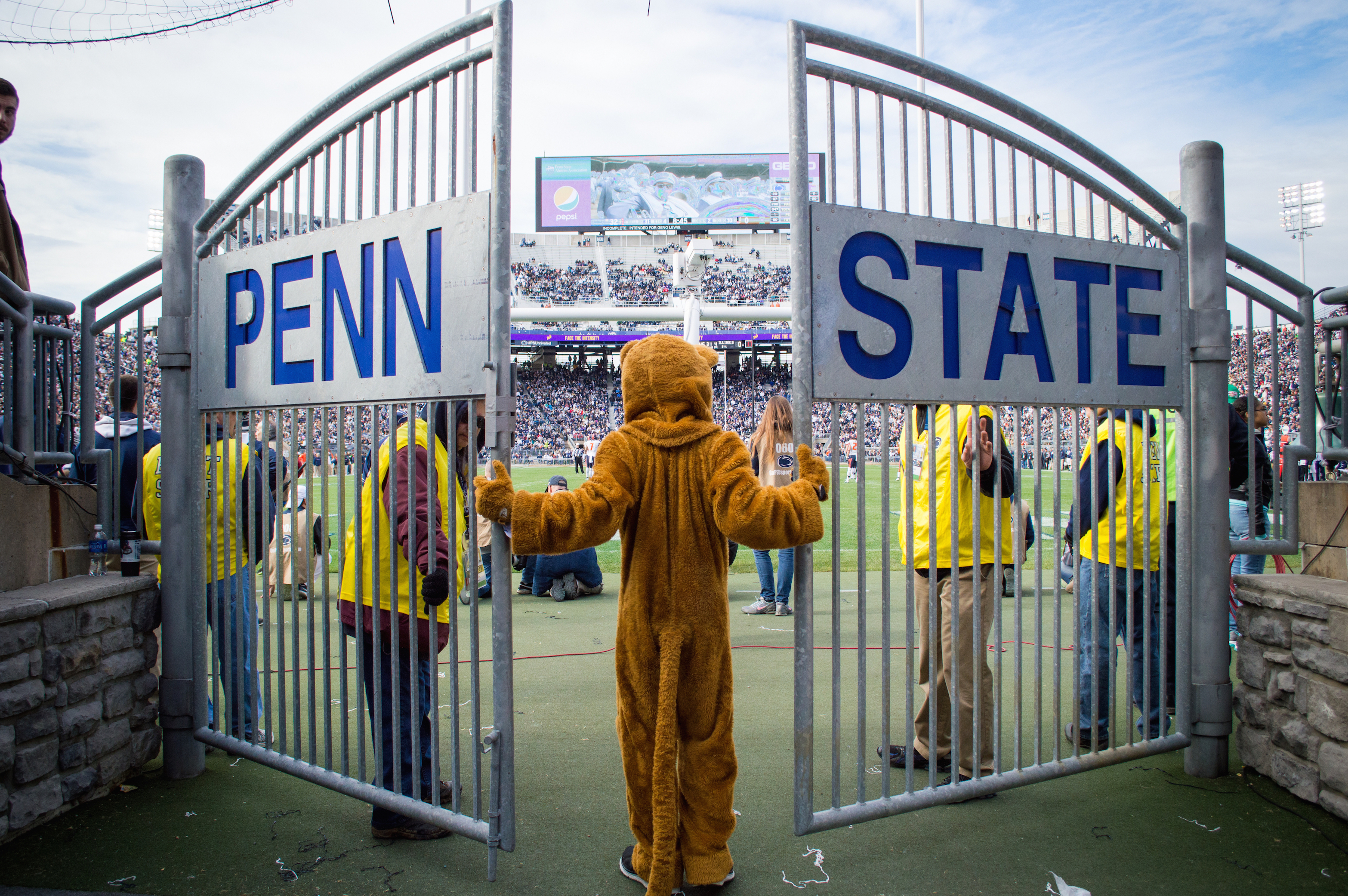 The Nittany Lion mascot prepares to enter the Penn State Football Stadium Gate