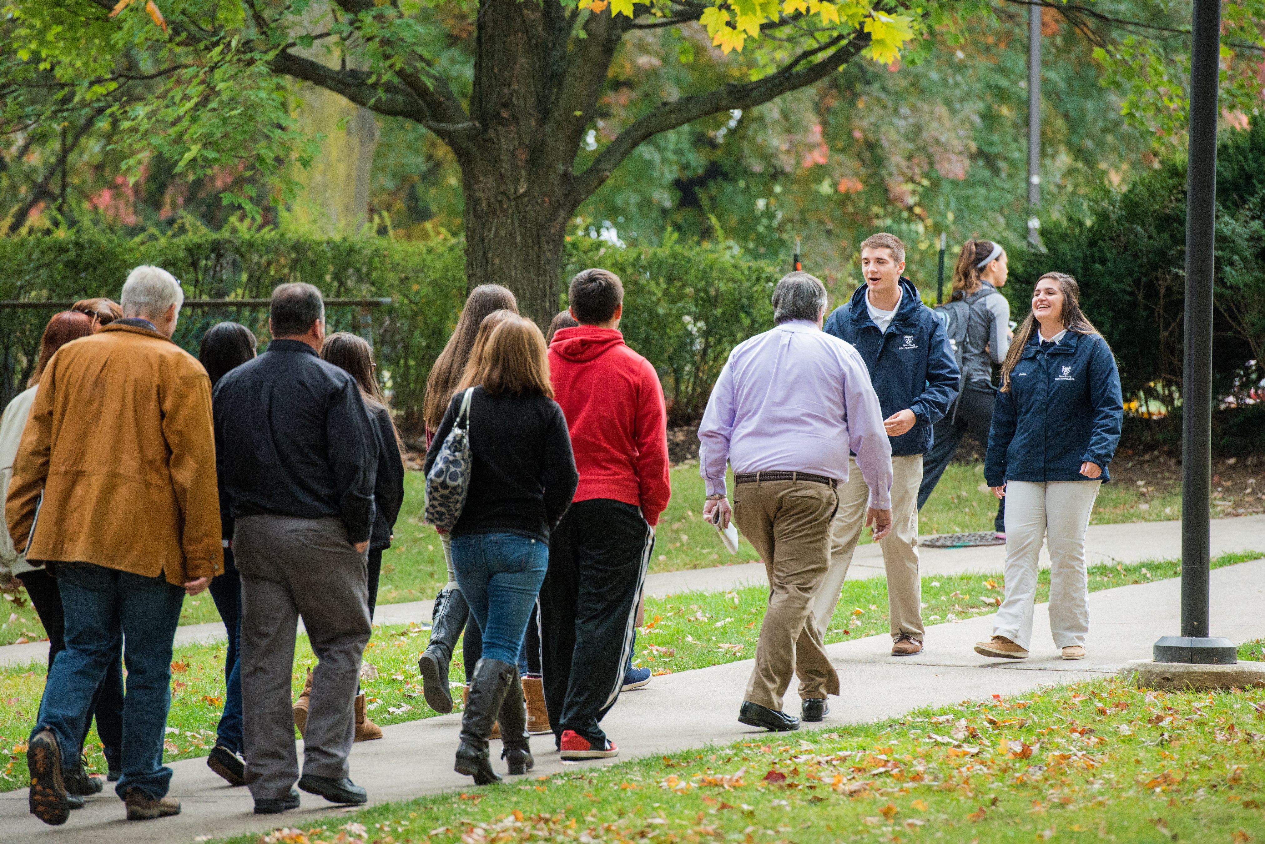 Two students walk backwards to lead a campus tour group.