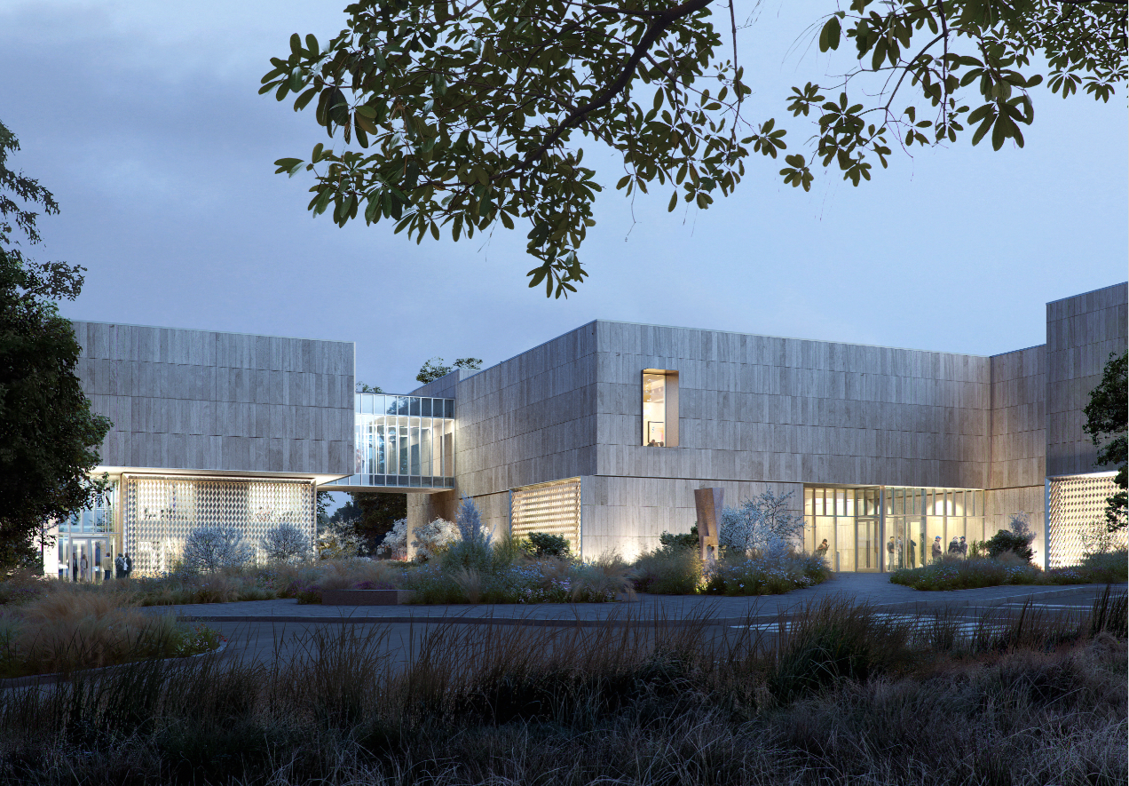 Rendering of the main entry plaza for the new Palmer Museum of Art