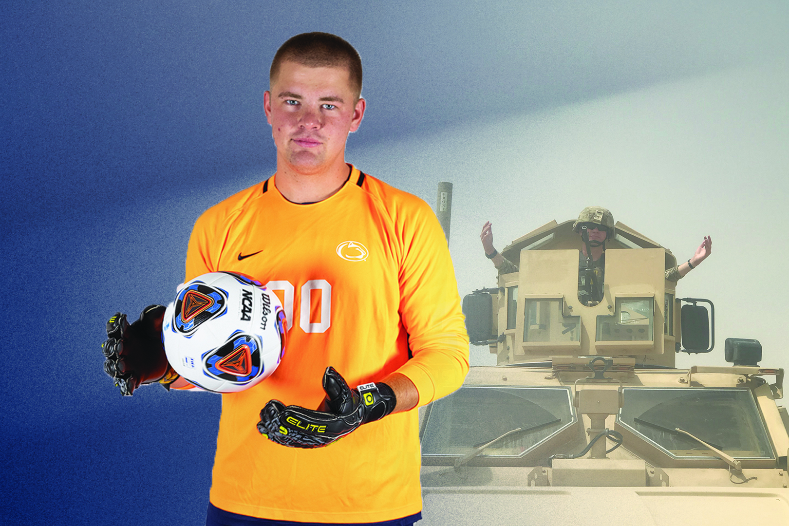 Collage of soccer player tossing ball and man in military tank