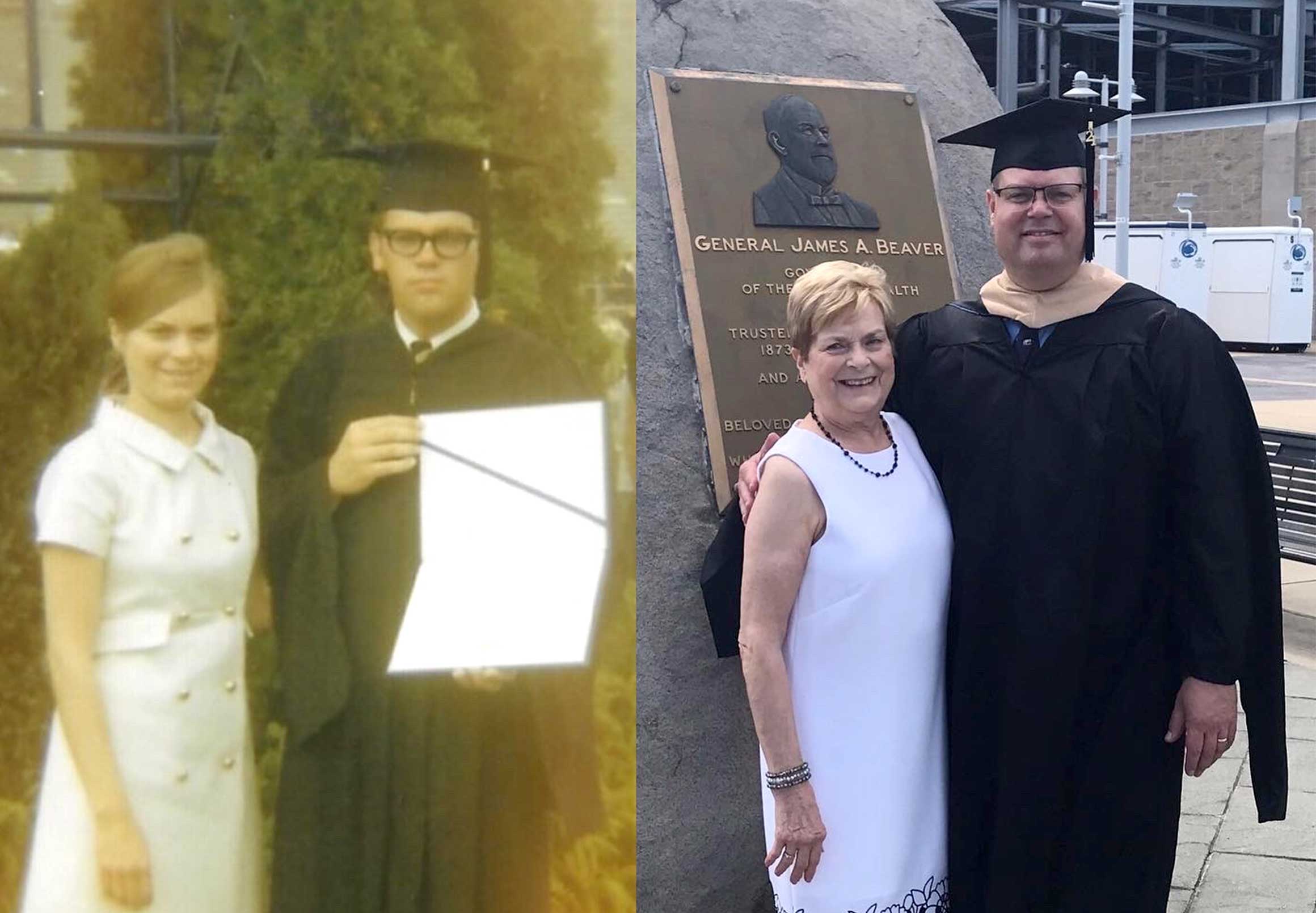 This photo shows a collage: A photo of 1969 with John Phillips III's mother and father at the Beaver memorial, and one from 2021 with Phillips and his mom at the same place.