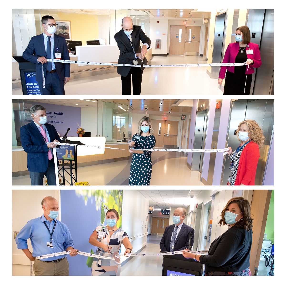 A collage shows three different ribbon cuttings on new floors of a hospital