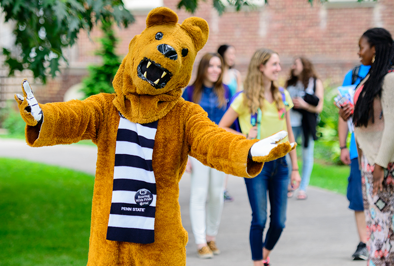 Nittany Lion welcoming students on campus.