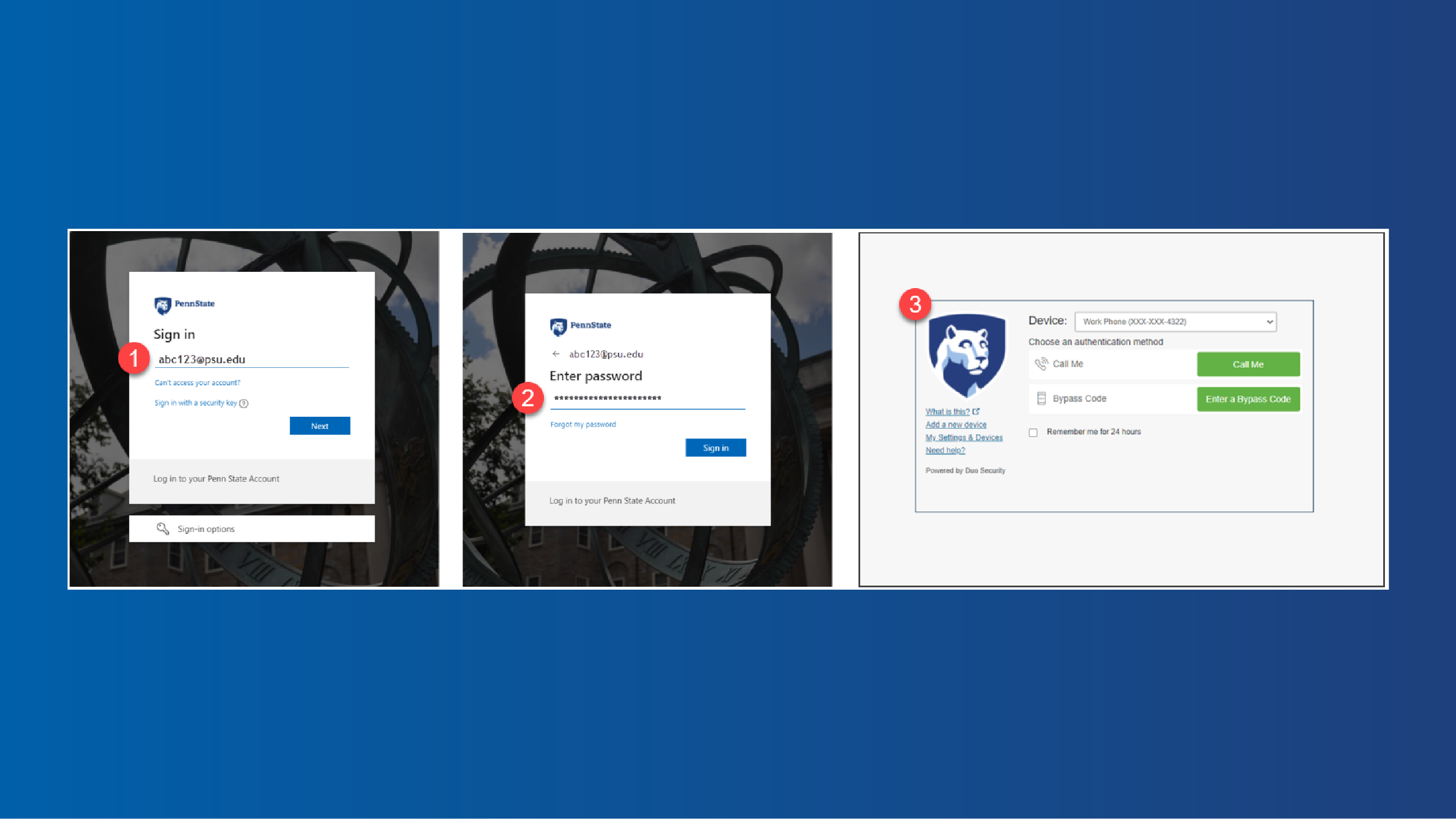 three screen captures of the Penn State sign-in process
