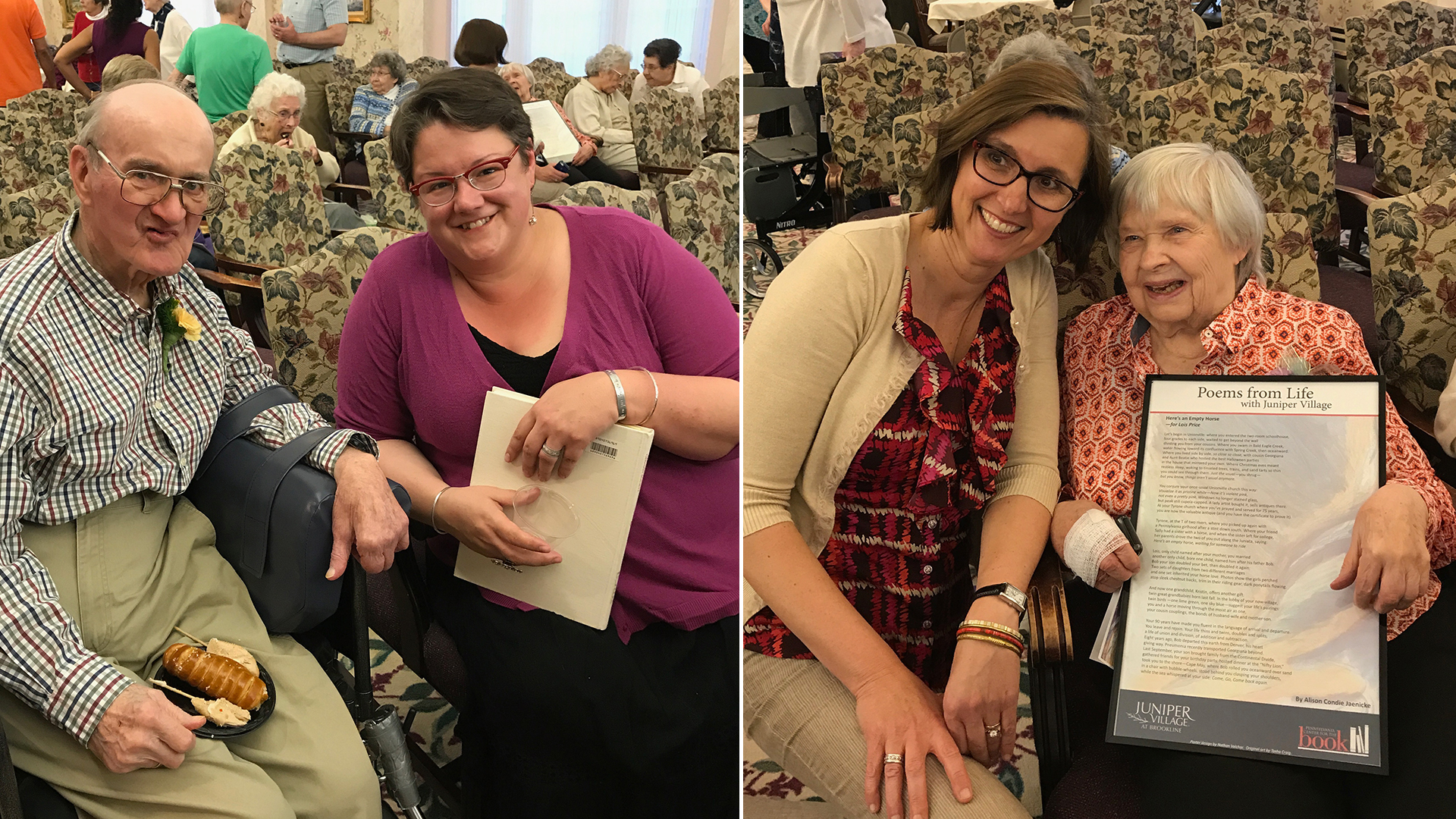 photo collage of two photos, each with two people, older man with woman holding booklet, two women with older woman holding poster of poem about her 