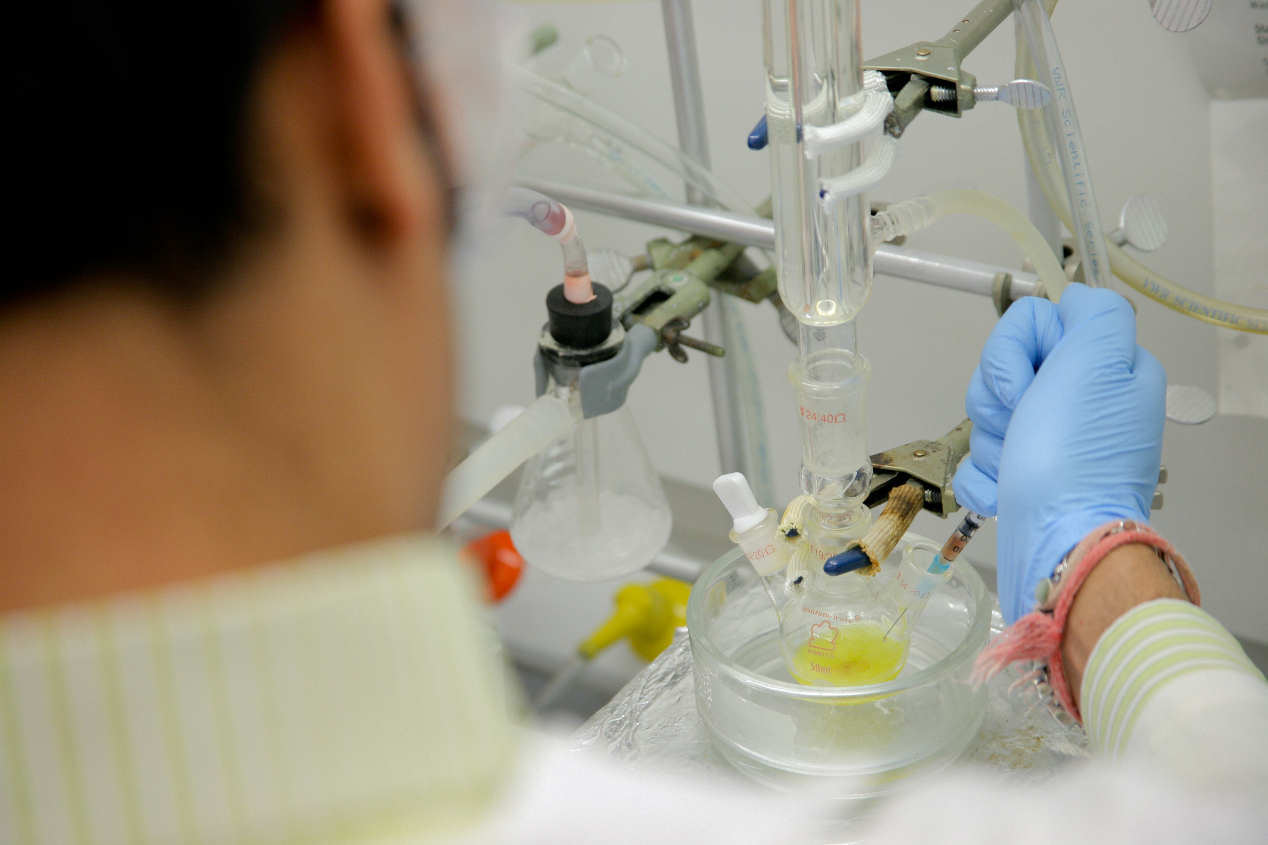 lab worker with blue glove