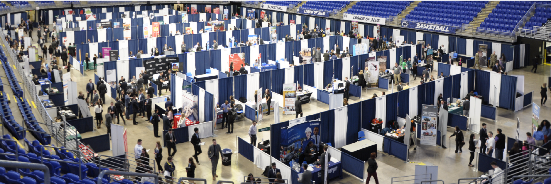 The Bryce Jordan Center floor filled with employer booths at a previous Spring Career Days event.