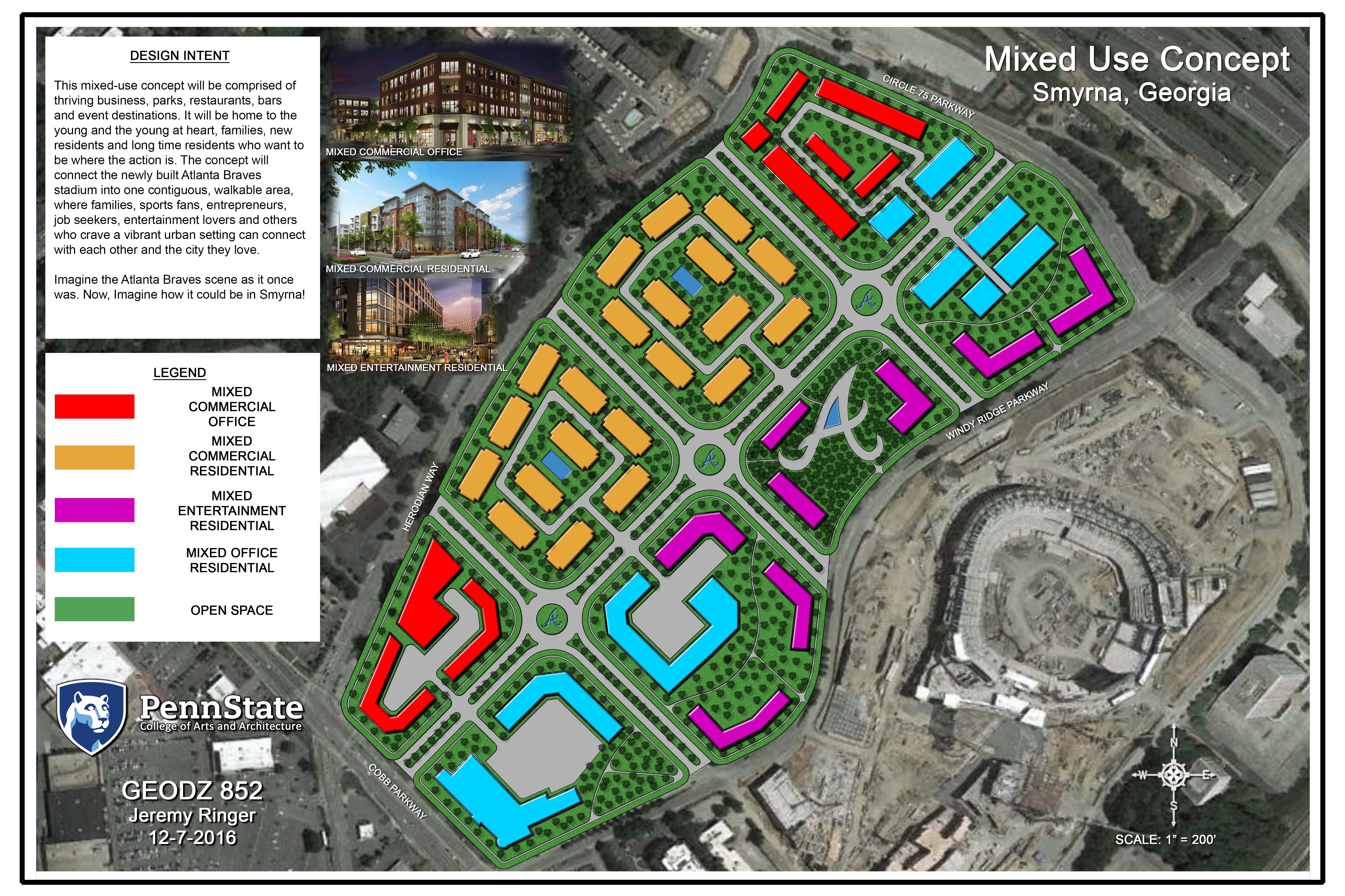 A student's final design concept for mixed-use development near a new baseball stadium for the Atlanta Braves. Real-world data is used to inform the creation of different design ideas for a student-selected site.