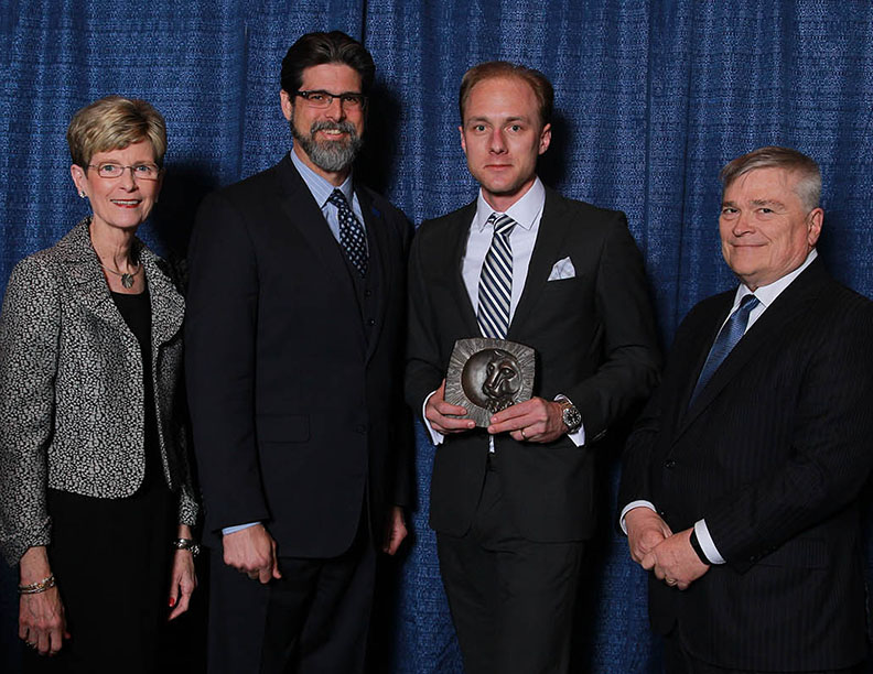 2014-15 Penn State Alumni Association President Kay Salvino, Schreyer Honors College Dean Christian Brady, Penn State Alumni Association Achievement Award winner Aaron Gotwalt and Penn State University President Eric Barron