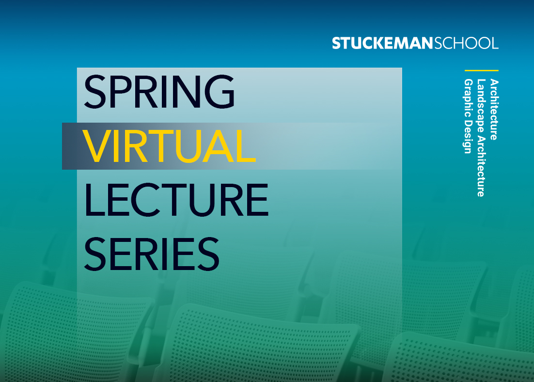 A blue and green screen across a row of empty audience seats with Spring Virtual Lecture Series text atop.