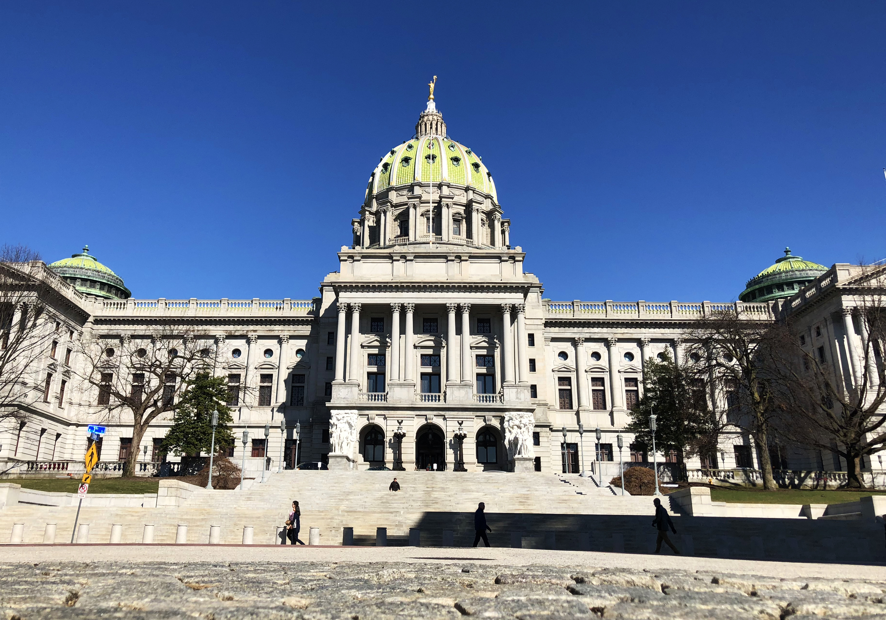 An exterior photo of the State Capitol Building in Harrisburg