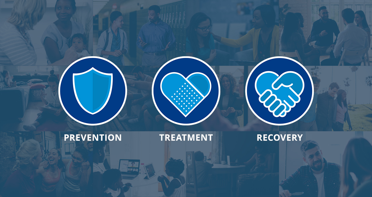 Shield icon with the word "prevention," heart/band aid icon with the word "treatment," and shaking hands icon with the word "recovery" on a background of images of ordinary life