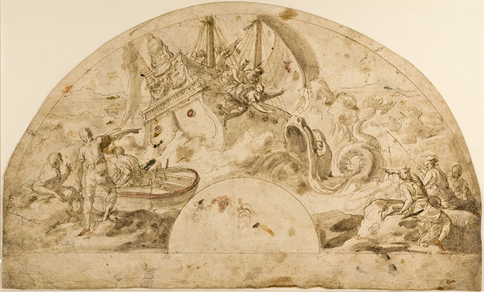 Nicola Malinconico, "Jonah Thrown to the Whale," c. 1693, ink and wash on paper. 2004.16.