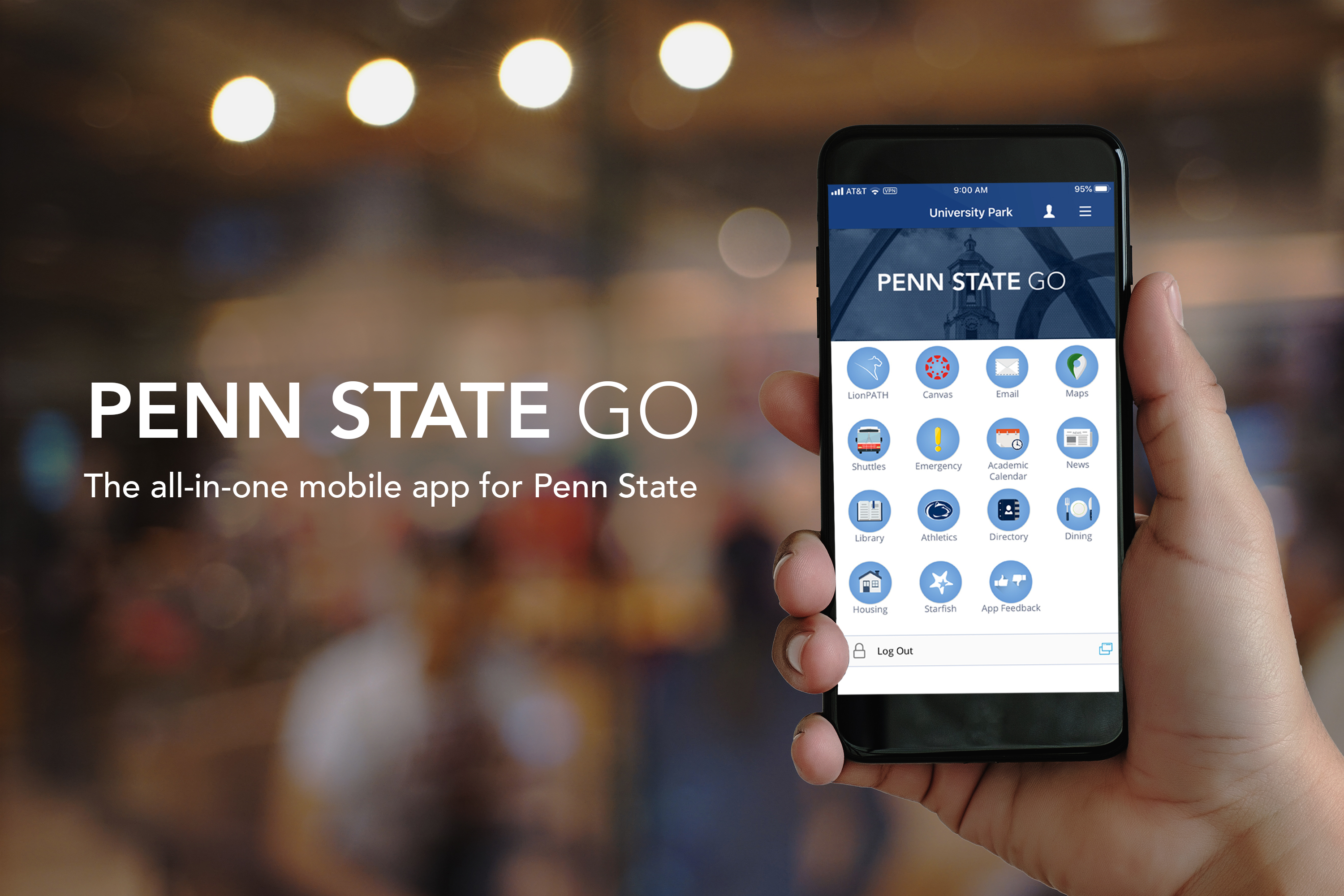 Hand holding a mobile device displaying the Penn State Go mobile app