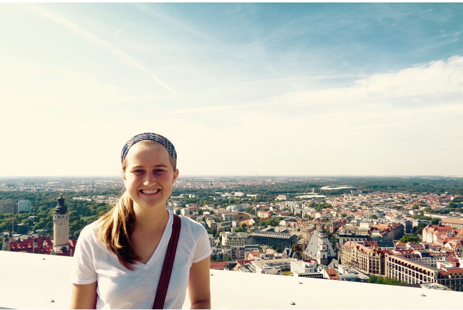 Penn State alumnus and Fulbright English Teaching Assistant Amanda Thoet stands on the top of the MDR Radio Tower in Leipzig, Germany, where she is living for the next seven months.