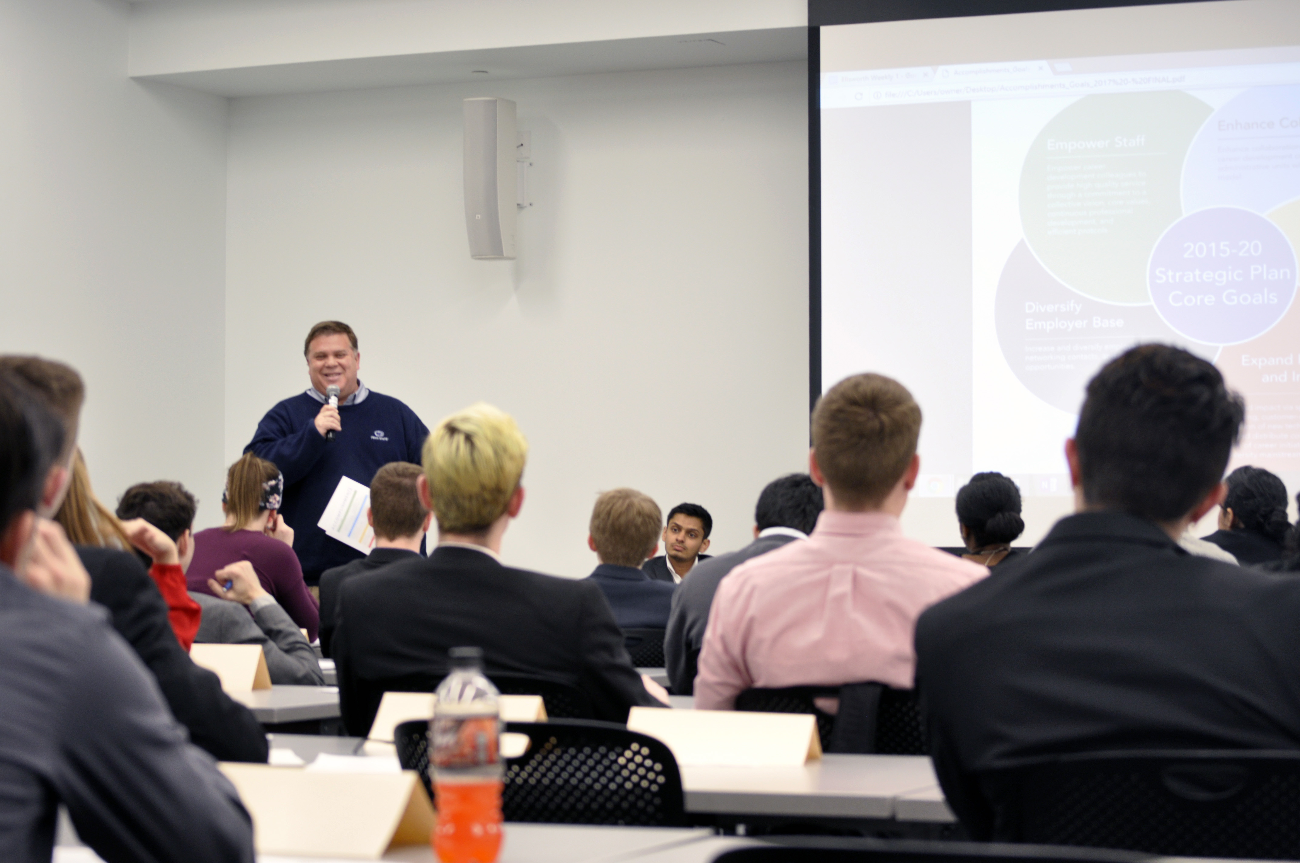 Bob Orndorff, director of Career Services, announces the Nittany Lion Careers career management system to students at a UPUA meeting.