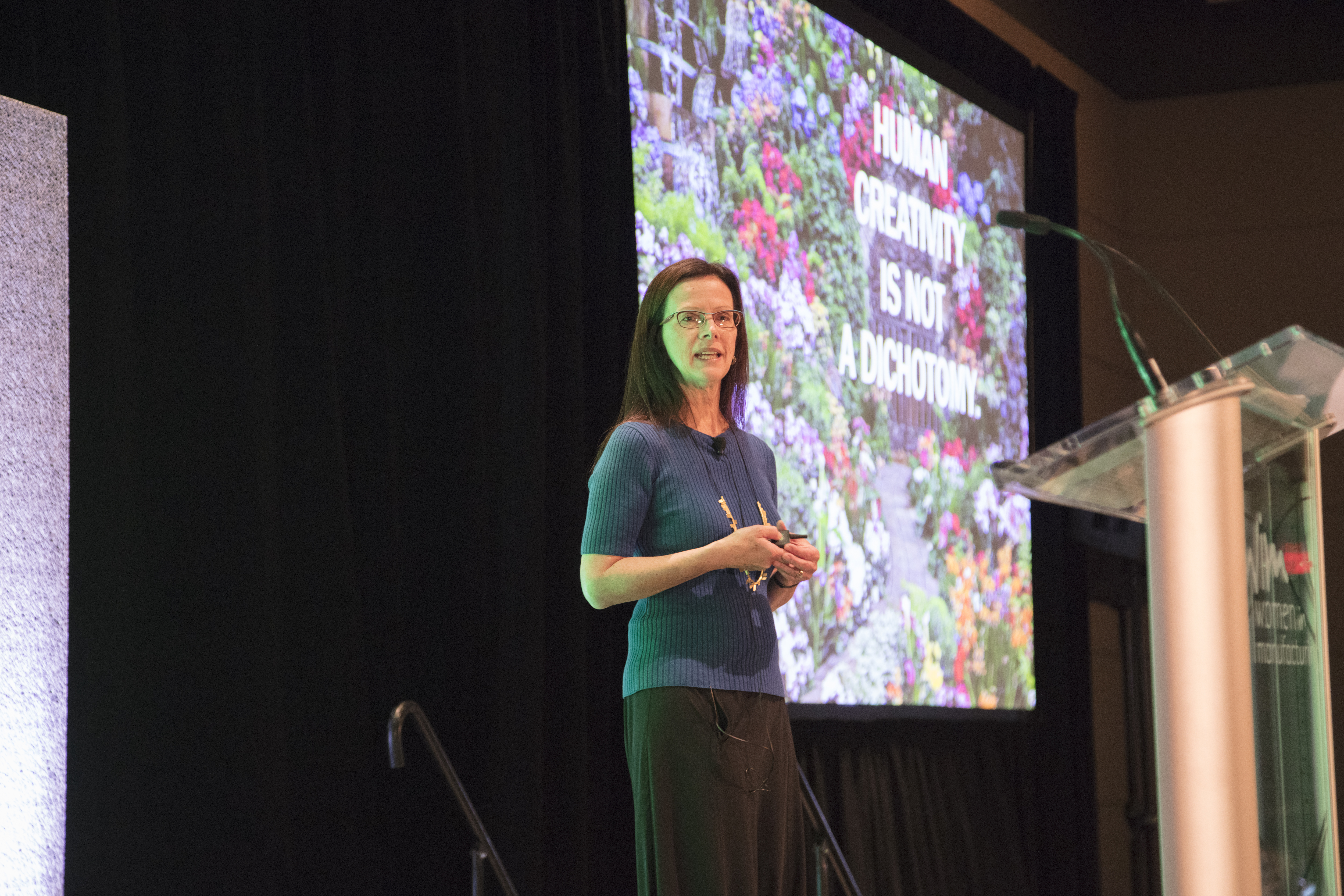 Kathryn Jablokow presenting on stage at the Women in Manufacturing summit