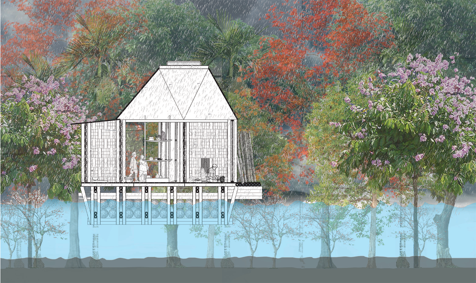 A rendering of the longitudinal section of an amphibious modular unit in Majuli, which Agrawal proposes in her thesis, shown during a flood.