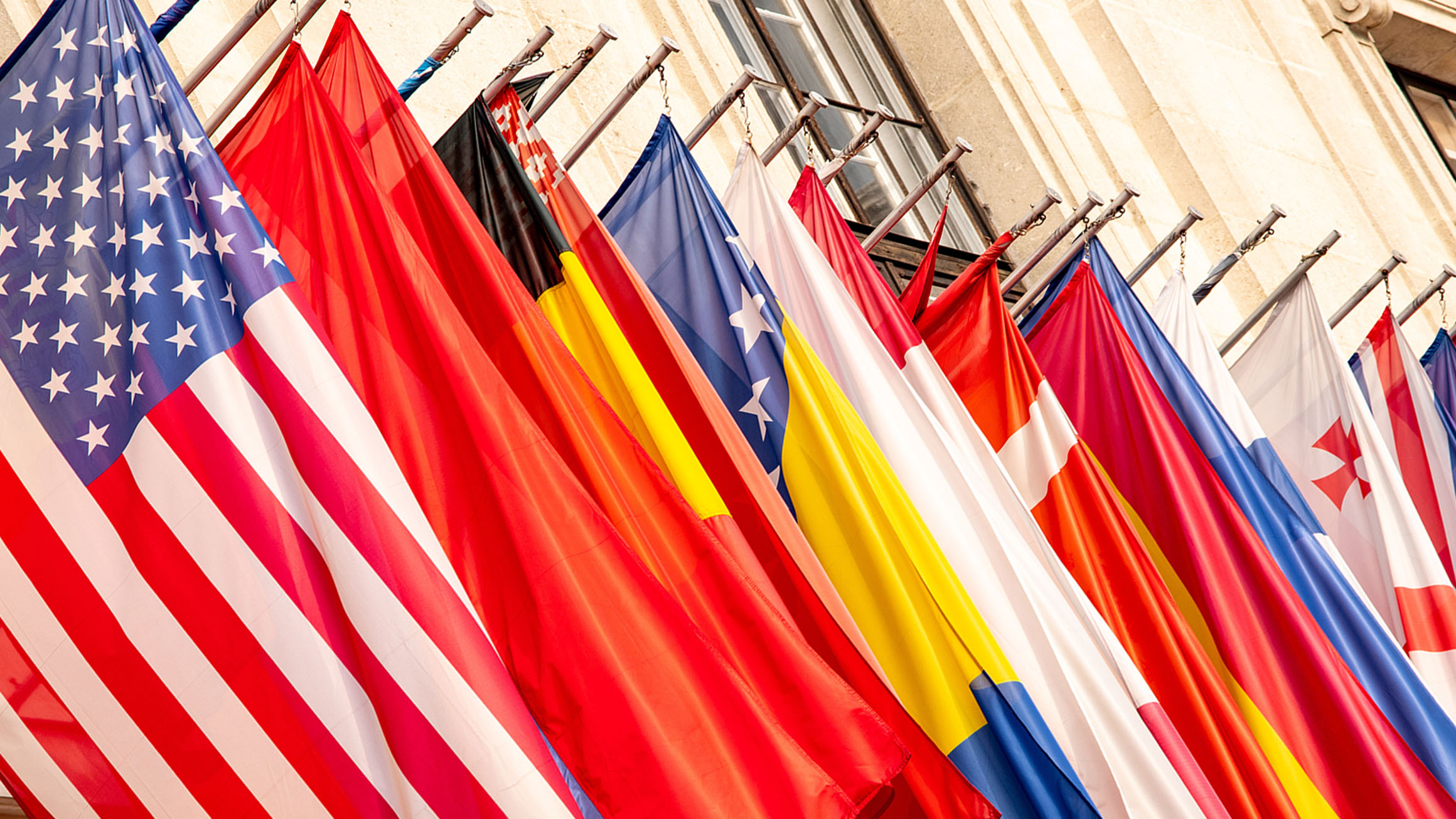 Row of U.S. and other countries' flags