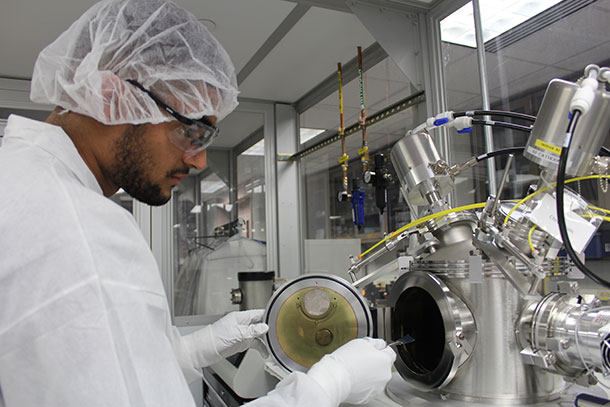 A graduate student gains hands-on experience with state-of-the-art nanotechnology equipment in the Center for Nanotechnology Education and Utilization Teaching Cleanroom.