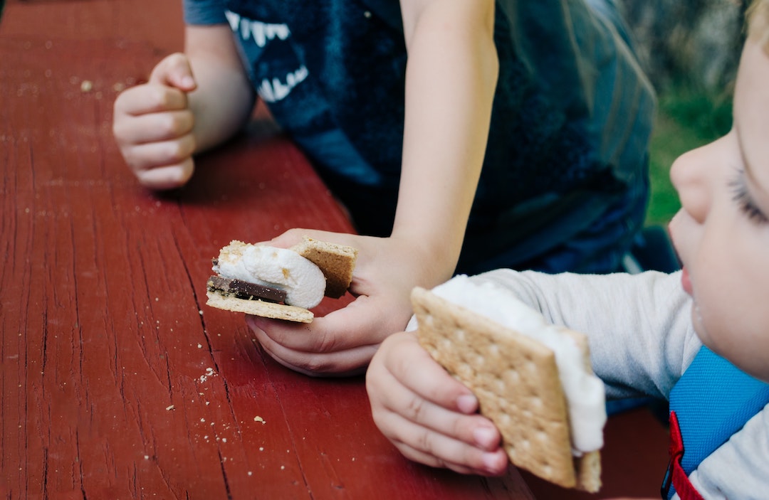 Two young children eating s'mores