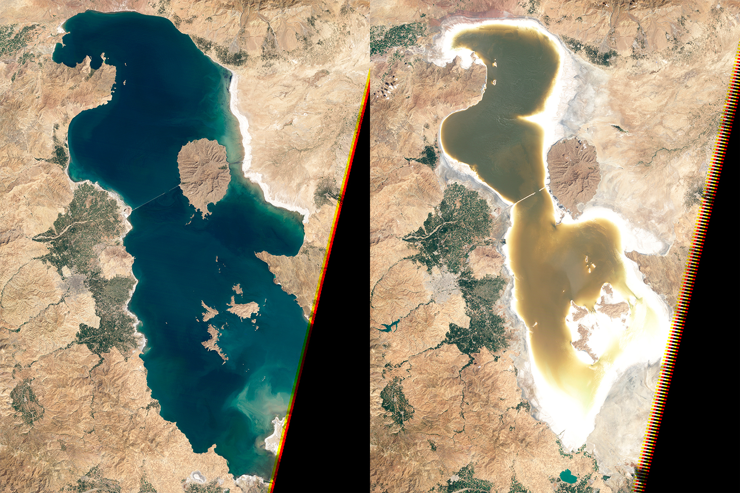 Aerial photo of Lake Urmia in 1998 and 2011 