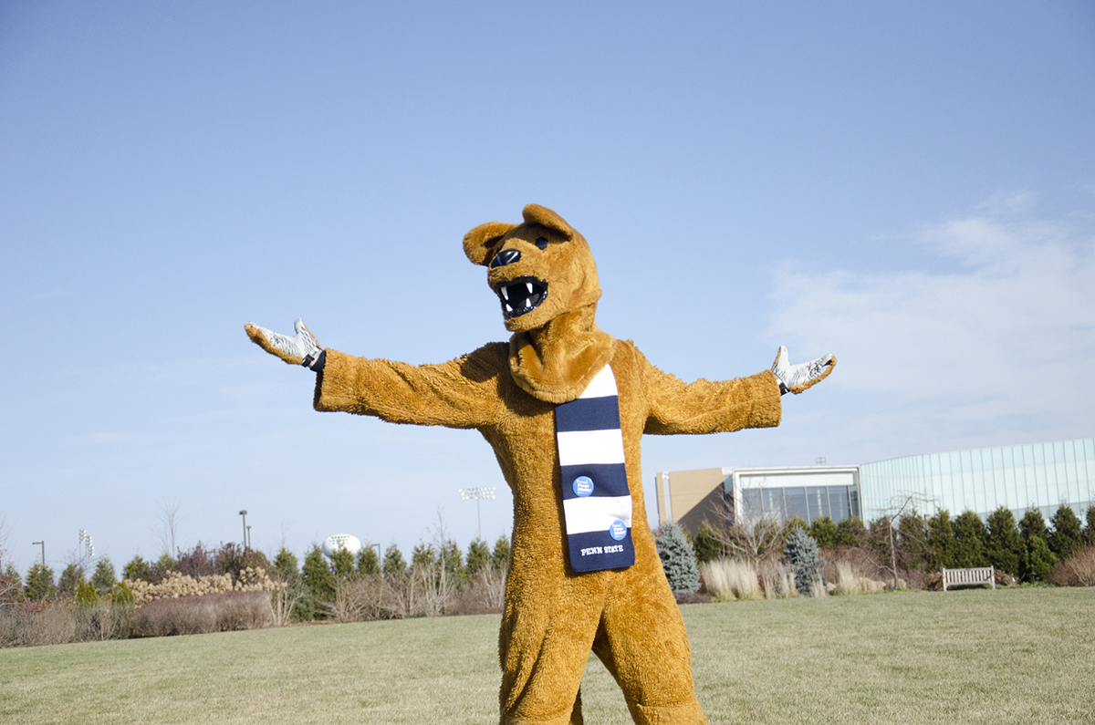 The Nittany Lion outside the Lewis Katz Building on the University Park campus.