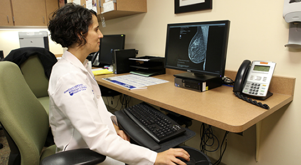 A physician views a breast scan on a computer.