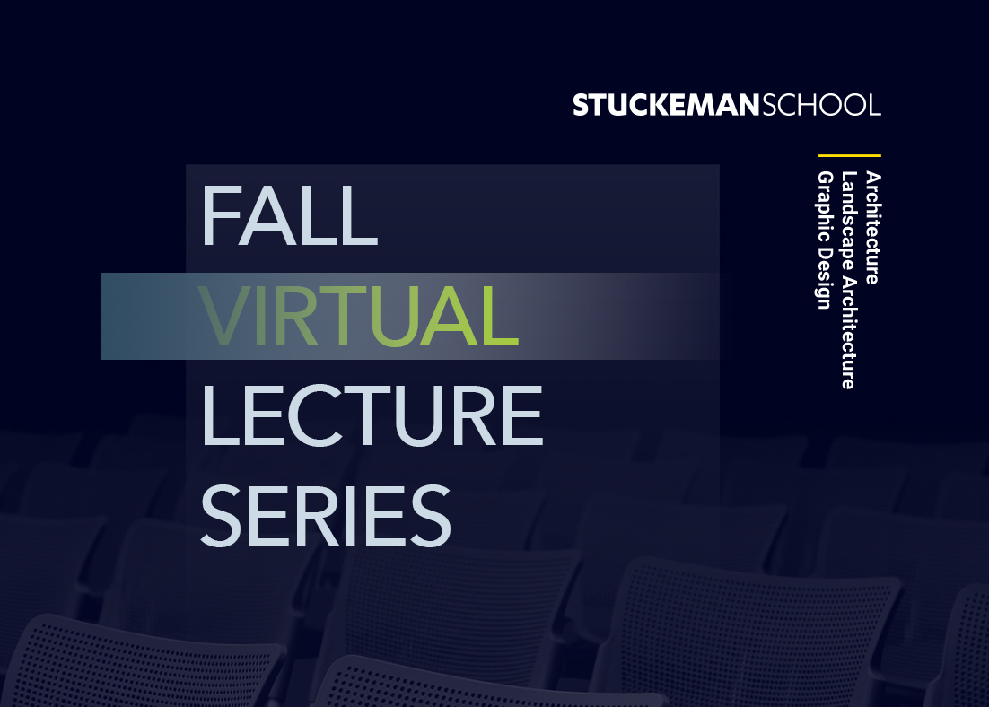 Dark blue background screen over empty lecture chairs with the text Fall Lecture Series atop along with the Stuckeman School mark.