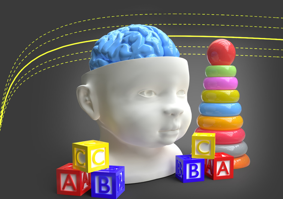 Yellow curves flow behind a model of baby's face and blue brain. Toy blocks and rings frame the baby's face. 