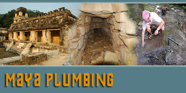 composite image of castle ruins at Palenque, the exterior of the Piedras Bolas aqueduct, and a photo of Kirk French taking measurements in the Otolum Stream