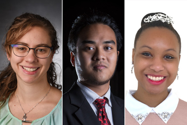 Three students each pose for professional headshots.