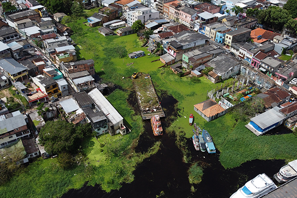 Aerial photo of a flooded community