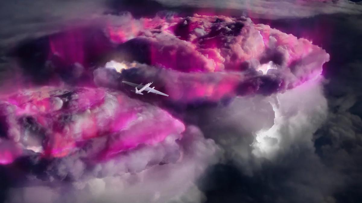 Purple thunderclouds and a spy plane are seen from below.