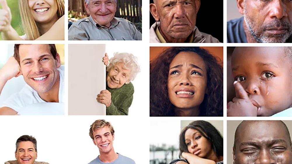 A collage of happy white faces and unhappy Black faces