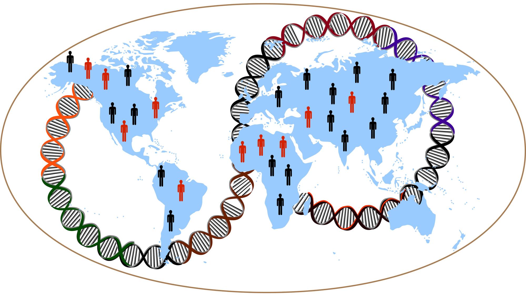 Map of globe overlaid with multicolored DNA helix, with red and black stick figures of people accross the globe.