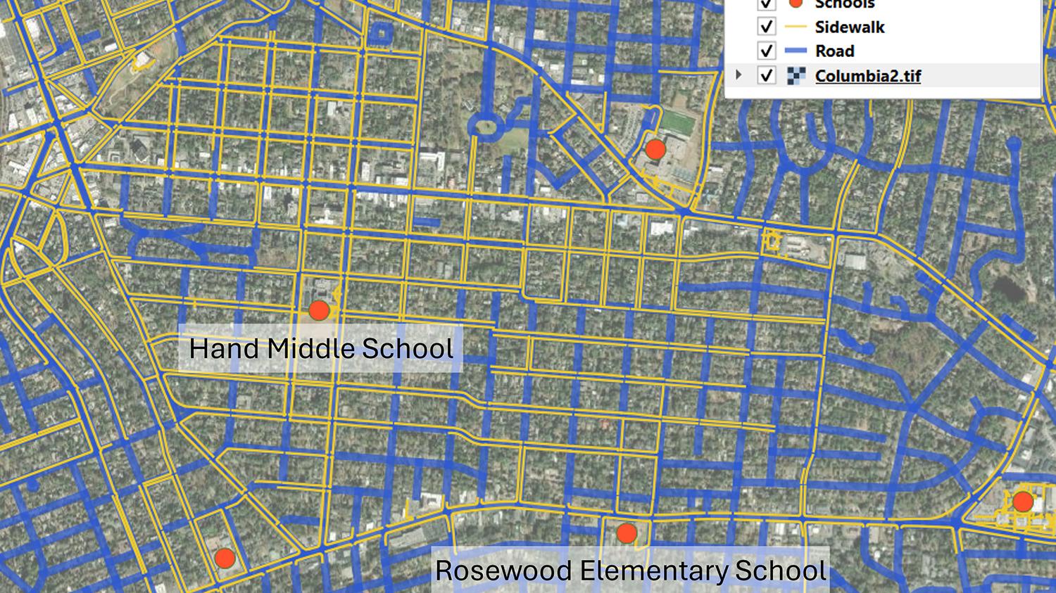 A screenshot of a geographic information system application showing streets and schools.