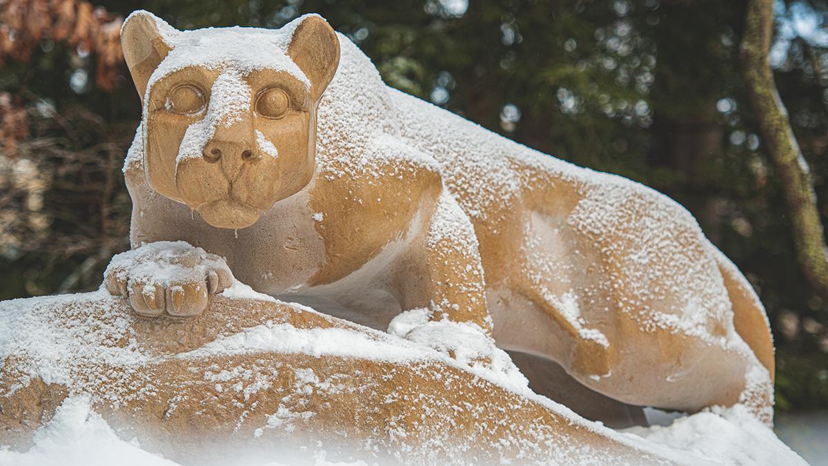 The Nittany Lion Shrine with a light dusting of snow on top.