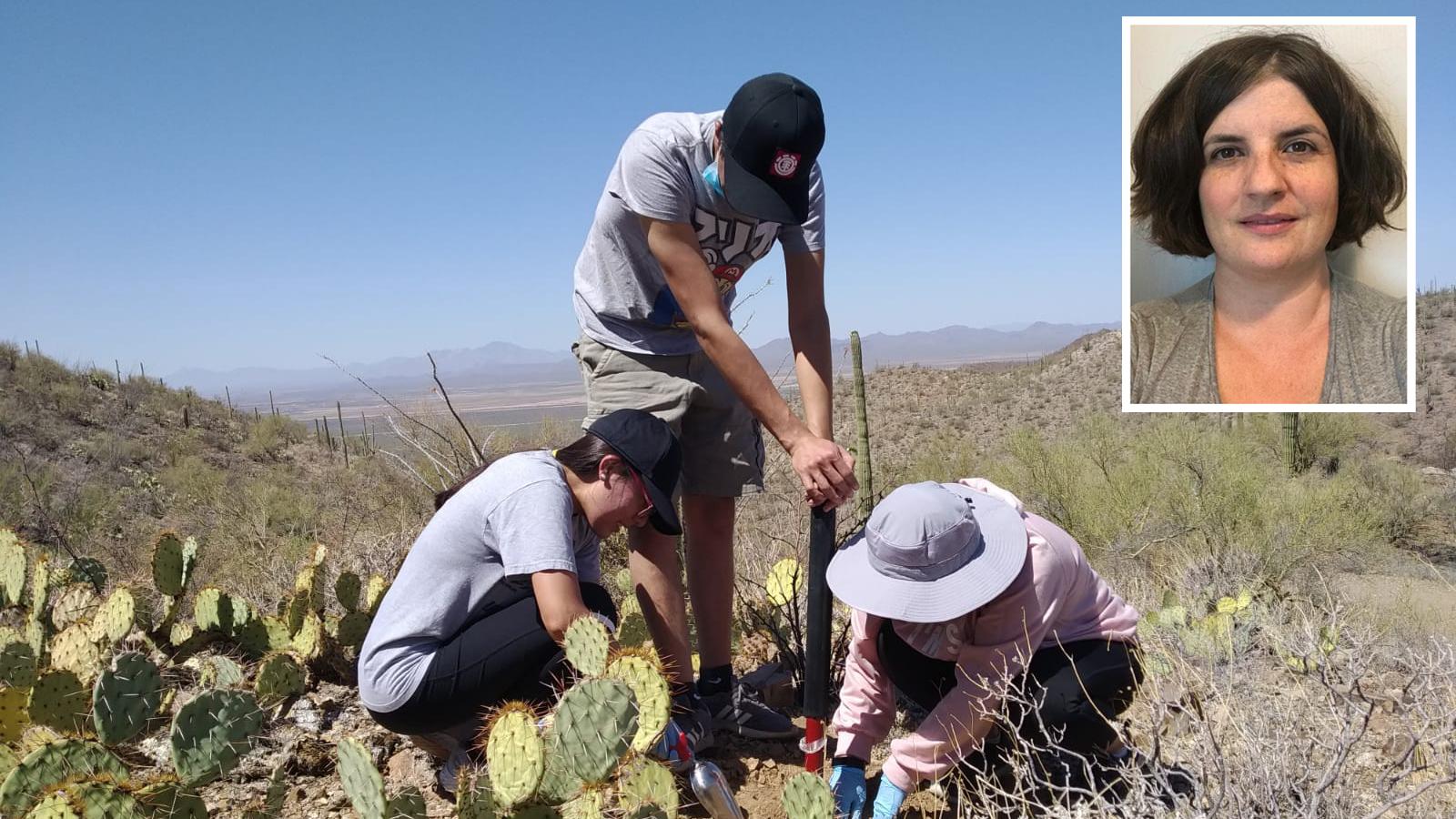 Photo of three people digging in the desert with a portrait of a person superimposed in the top right corner