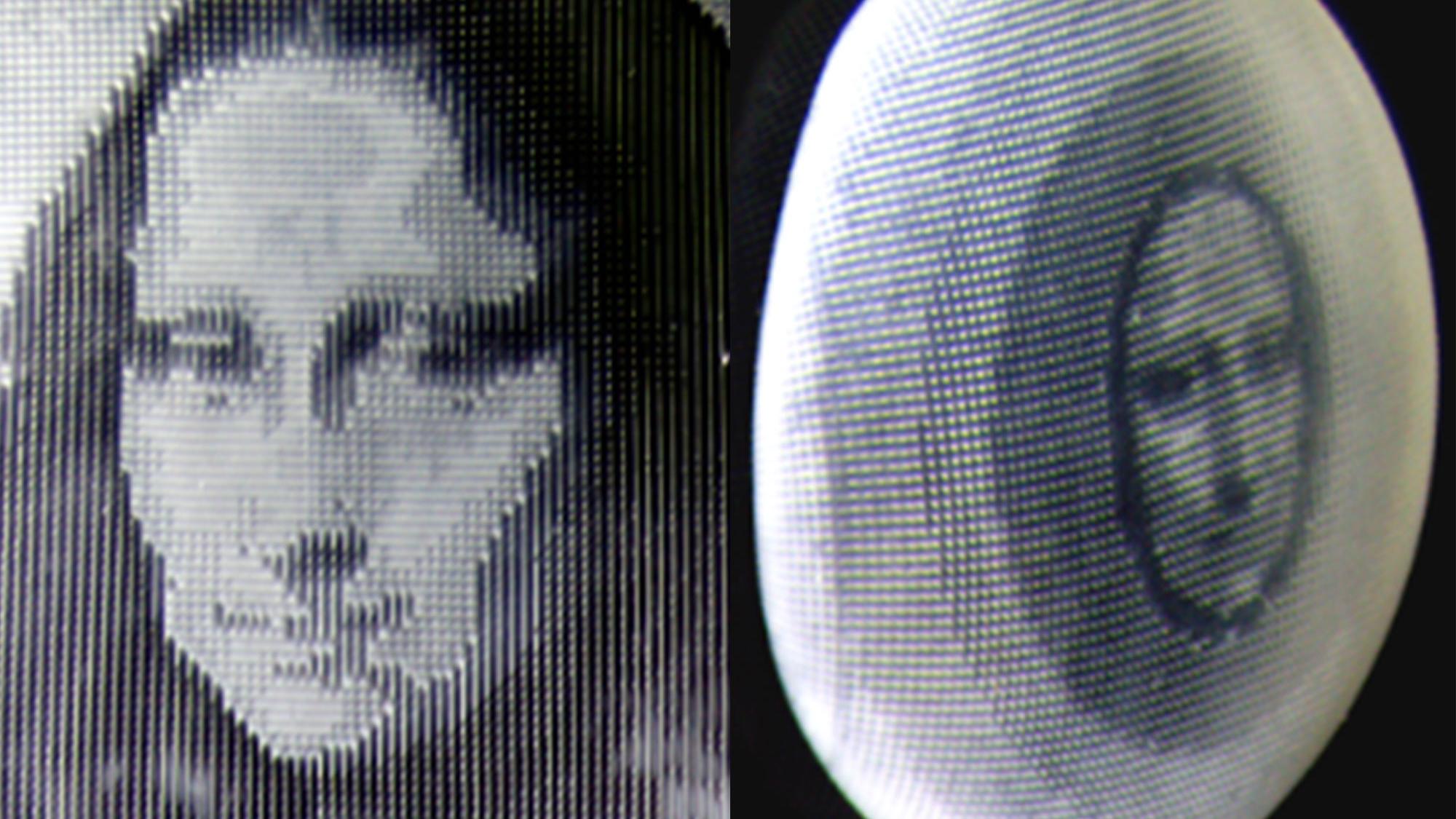 (left) A photo of the Mona Lisa encoded into the team's smart skin, (right) the image presented on the smart skin adjusting as the material changes shape.