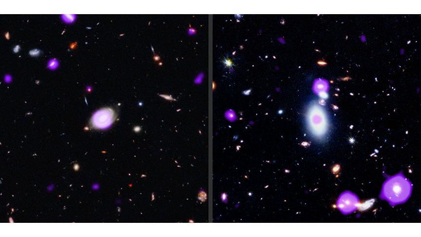 Telescope images of galaxies in optical and X-ray (purple) wavelenghts